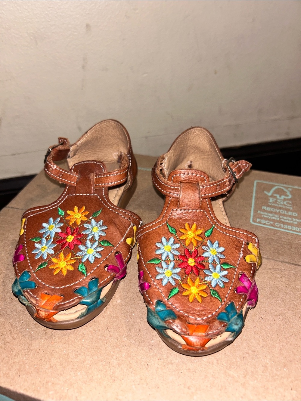 Kids Brown Leather Embroidered Flower Sandals
